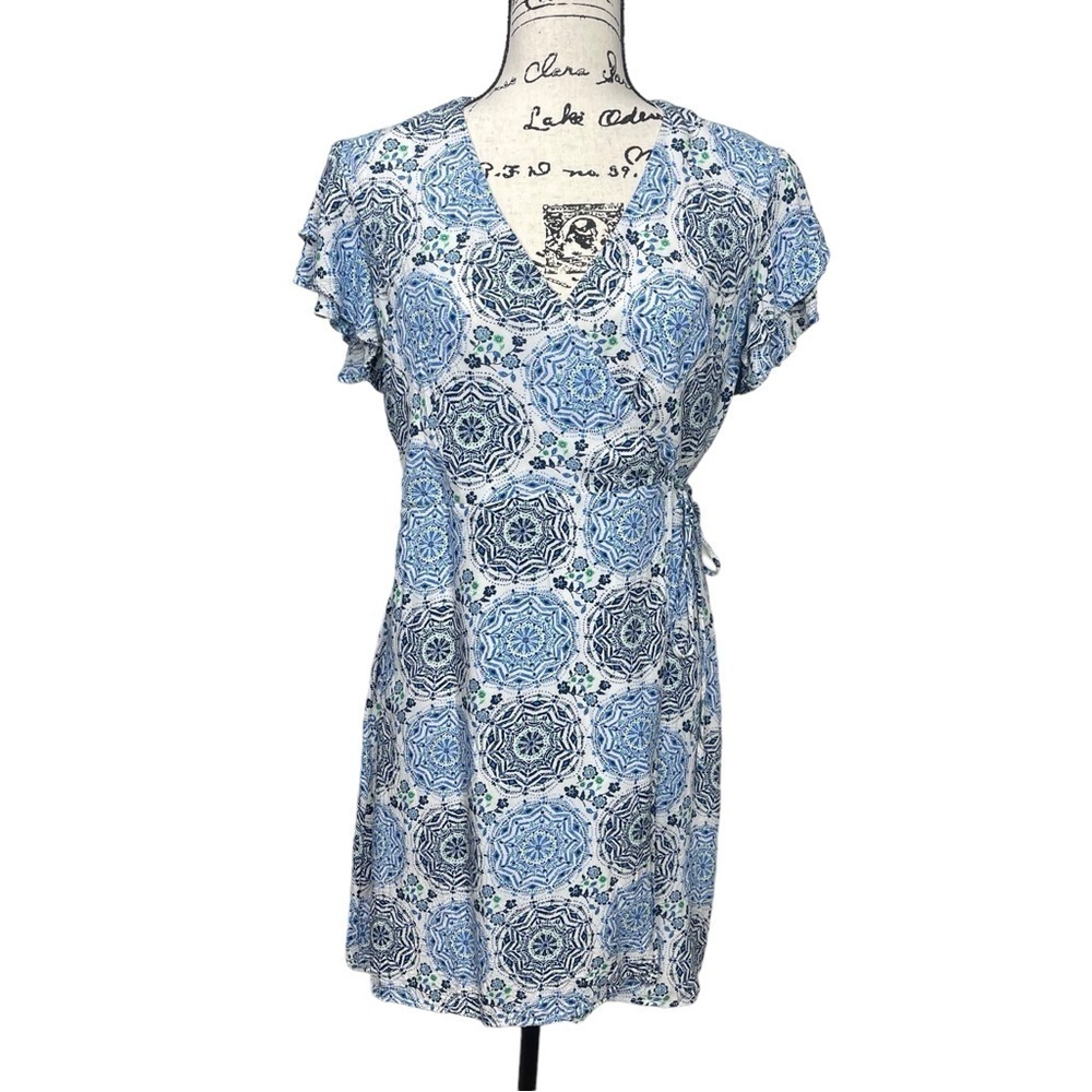 Harper Heritage Floral Design Ruffle Cap Sleeve Wrap Dress Blue - Picture 4 of 14